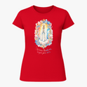 Camiseta com estampa frontal de imagem de Nossa Senhora em moldura colorida com flores e frase "Nossa Senhora, rogai por nós" e estampa traseira de logotipo com cruz e texto.