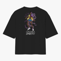 Camiseta com estampa frontal de "Telegraph Ave, Oakland" e estampa traseira de personagem estilizado com tentáculos e texto "Childish Gambino".