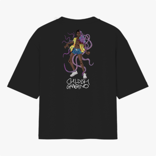 Camiseta com estampa frontal de "Telegraph Ave, Oakland" e estampa traseira de personagem estilizado com tentáculos e texto "Childish Gambino".