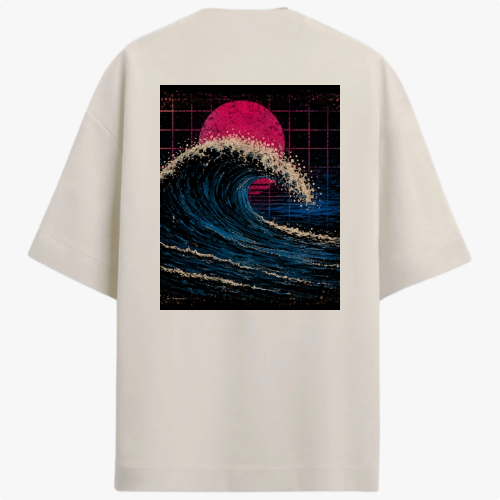 Camiseta com estampa frontal de pequeno texto no canto inferior e estampa traseira de onda imponente e sol vibrante em fundo quadriculado.