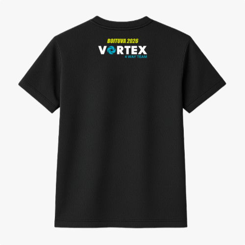 Camiseta com estampa frontal de frase estilizada "FEEL THE VORTEX!" e logo espiral, e estampa traseira de texto "BOTUVA 2026 VORTEX 4 WAY TEAM" em layout compacto.
