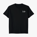 Camiseta com estampa frontal de caracteres estilizados "ΧΦ" e estampa traseira com texto "YOU MIGHT BE DRUNK" em efeito tridimensional e símbolos adicionais.