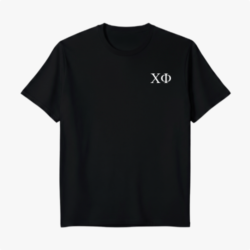 Camiseta com estampa frontal de caracteres estilizados "ΧΦ" e estampa traseira com texto "YOU MIGHT BE DRUNK" em efeito tridimensional e símbolos adicionais.