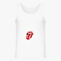 Camiseta regata com estampa frontal de boca com língua de fora, em estilo icônico e detalhado, representando lábios contornados e expressão marcante.