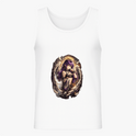 Regata com estampa frontal de anjo estilizado com asas, auréola, cabelo longo segurando uma arma, cercado por detalhes sombrios e ornamentais.