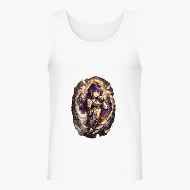 Regata com estampa frontal de anjo estilizado com asas, auréola, cabelo longo segurando uma arma, cercado por detalhes sombrios e ornamentais.