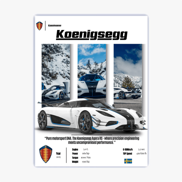 [quadro] com estampa frontal de carro esportivo Koenigsegg com informações técnicas, imagens detalhadas ao fundo e texto sobre desempenho e engenharia.