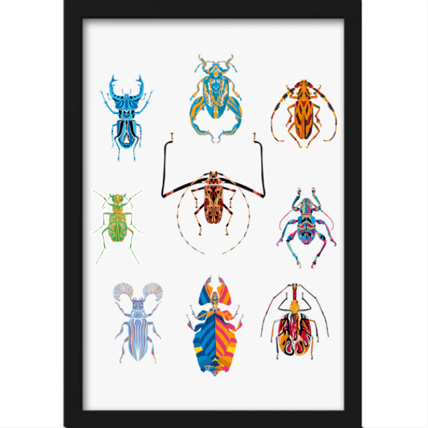 Quadro com estampa frontal de nove insetos estilizados, cada um com padrões geométricos e combinações de cores vibrantes, organizados em três linhas.