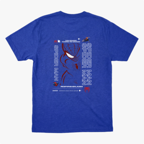 Camiseta com estampa frontal de aranha estilizada de linhas finas e estampa traseira de rosto delineado com texto e referências icônicas.