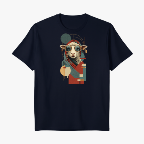Camiseta com estampa frontal de ovelha estilizada usando óculos de sol, com elementos geométricos sobrepostos, incluindo círculos e retângulos diversos.