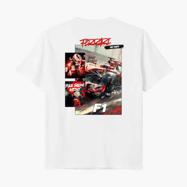 Camiseta com estampa traseira de cena de corrida F1, incluindo piloto, carro em ação, escrita "Ferrari", "Speed Master" e "Race Addict".