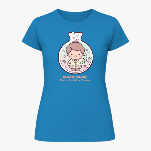 Camiseta com estampa frontal de uma figura estilizada dentro de um balão de laboratório, rodeada por símbolos científicos e a inscrição "Marie Curie Radiochemistry Pioneer".