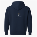 Moletom com estampa frontal de elementos religiosos incluindo um ostensório, coroa de espinhos, cruz e Nossa Senhora, e estampa traseira de logotipo com coroa.
