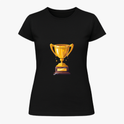 Camiseta com estampa frontal de troféu brilhante e estampa traseira de troféu acima da frase bíblica "Quem vencer herdará todas essas coisas. Apocalipse 21:7".