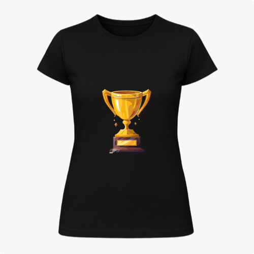 Camiseta com estampa frontal de troféu brilhante e estampa traseira de troféu acima da frase bíblica "Quem vencer herdará todas essas coisas. Apocalipse 21:7".