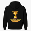 Moletom com estampa frontal de troféu dourado pequeno e estampa traseira de grande troféu dourado com texto em destaque abaixo da imagem.