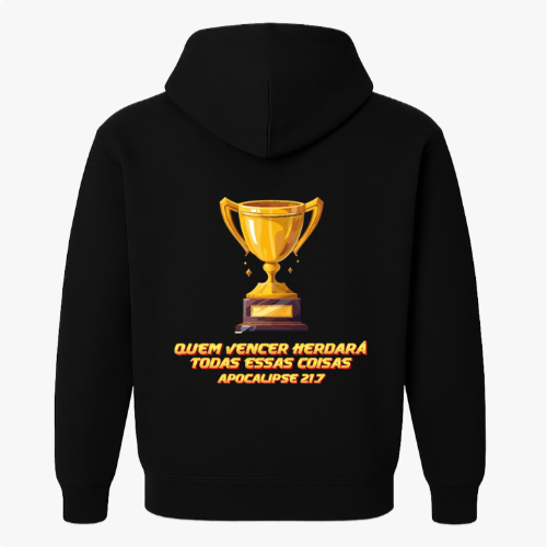 Moletom com estampa frontal de troféu dourado pequeno e estampa traseira de grande troféu dourado com texto em destaque abaixo da imagem.