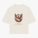 Camiseta com estampa frontal de dragão em círculo com texto "LONG E FENG (DRU) FORÇA E HARMONIA PERFEITA" e estampa traseira de fênix similar e texto correspondente.