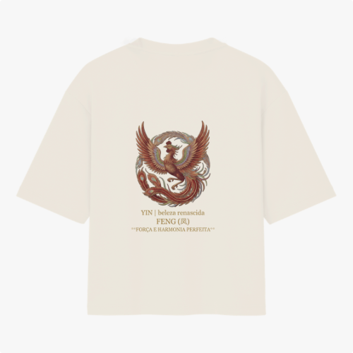 Camiseta com estampa frontal de dragão em círculo com texto "LONG E FENG (DRU) FORÇA E HARMONIA PERFEITA" e estampa traseira de fênix similar e texto correspondente.
