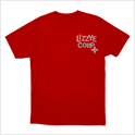 Camiseta com estampa frontal de texto estilizado "LIZZY CORP" ao lado de um pequeno símbolo geométrico, ambos localizados na parte superior direita.
