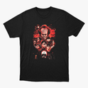 Camiseta com estampa frontal de rosto sinistro acima de diversos personagens em clima dramático, com detalhes de sombras e elementos abstratos.