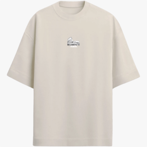 Camiseta com estampa frontal de uma estrutura arqueológica e estampa traseira de figura religiosa carregando uma cruz com a palavra "JESUS" em destaque.