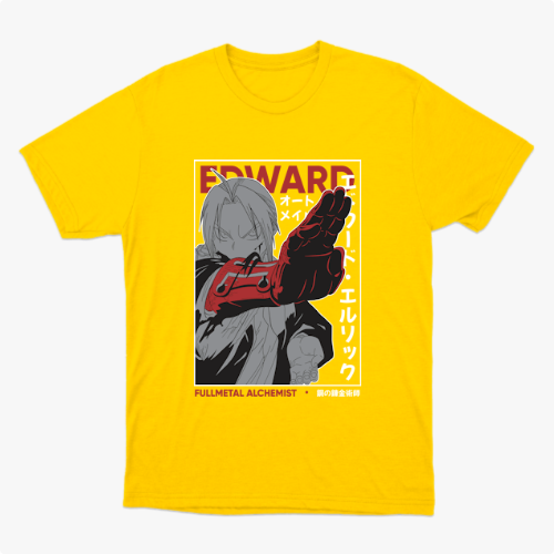 Camiseta com estampa frontal de personagem estilizado em tons de cinza e vermelho, com elementos de design geométrico e texto ao redor.