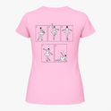 Camiseta com estampa frontal de texto discreto "Fouetté Lab" e estampa traseira de ilustrações demonstrando passos de balé em estilo gráfico minimalista.