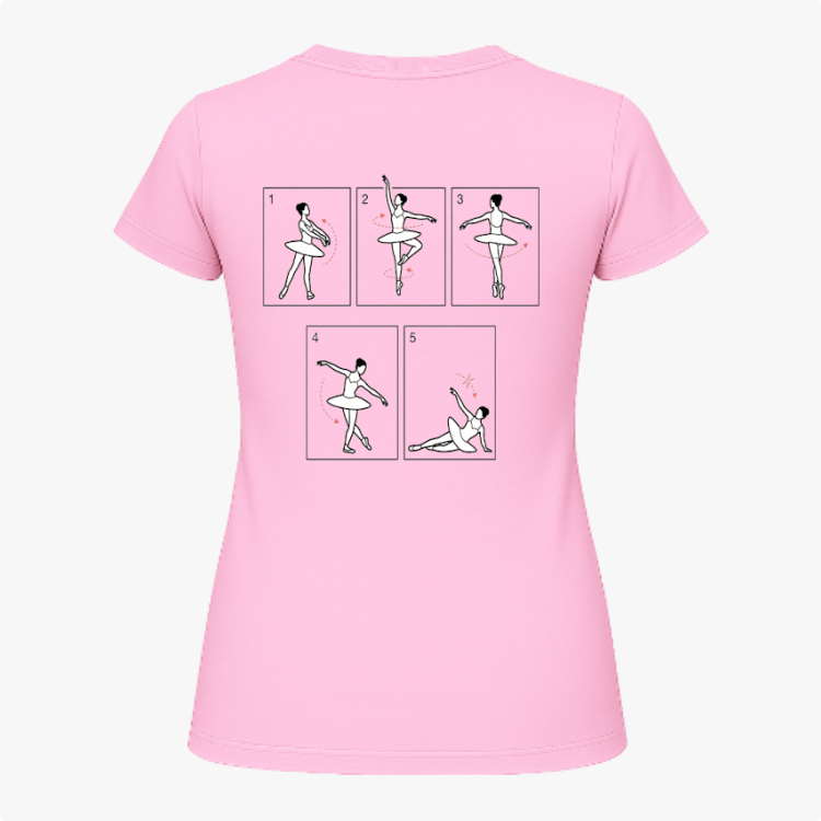 Camiseta com estampa frontal de texto discreto "Fouetté Lab" e estampa traseira de ilustrações demonstrando passos de balé em estilo gráfico minimalista.