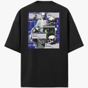 Moletom com estampa traseira de montagem digital composta por estátua clássica, crânios, olho pixelado e janelas de erro, sobre fundo de código azul.