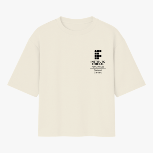 Camiseta com estampa frontal de logotipo do Instituto Federal e texto de localização e estampa traseira de elementos tecnológicos e a palavra "Mecatrônica".