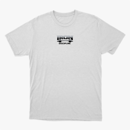 Camiseta com estampa frontal de "IRON DISCIPLINE" acompanhada de desenho de barras, e estampa traseira de "SEM DESCULPAS IRON DISCIPLINE" em letras destacadas.