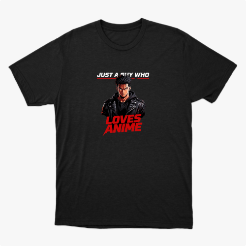 Camiseta com estampa frontal de personagem masculino estilizado usando jaqueta e texto "Just A Guy Who Loves Anime" em destaque.