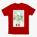 Camiseta com estampa frontal de desenho de uma jovem em cenário urbano, usando botas e gorro, carregando sacola, com prédios e céu ao fundo.