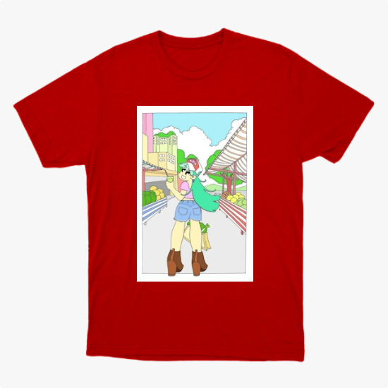 Camiseta com estampa frontal de desenho de uma jovem em cenário urbano, usando botas e gorro, carregando sacola, com prédios e céu ao fundo.