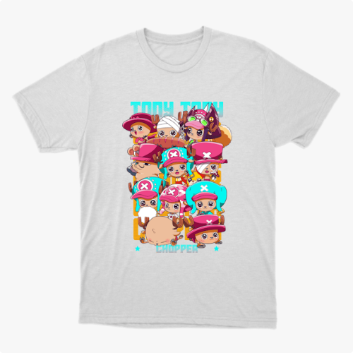 Camiseta com estampa frontal de personagens chibi usando diferentes chapéus rosa e azul, acompanhados de letras estilizadas em um tom vibrante.