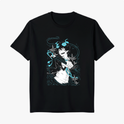 Camiseta com estampa frontal de personagem estilizado em ação, rodeado por elementos gráficos dinâmicos e energia fluindo, destacando sua postura confiante.