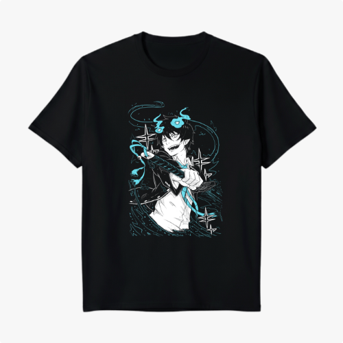 Camiseta com estampa frontal de personagem estilizado em ação, rodeado por elementos gráficos dinâmicos e energia fluindo, destacando sua postura confiante.