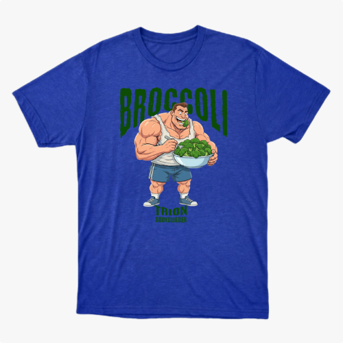 Camiseta com estampa frontal de um fisiculturista segurando uma tigela cheia de brócolis, com a palavra "Broccoli" em destaque acima dele.