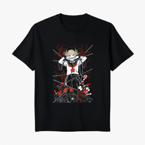 Camiseta com estampa frontal de uma figura estilizada com cabelo curto e expressão confiante, rodeada de elementos gráficos em linhas diagonais e formas abstratas.