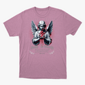Camiseta com estampa frontal de anjo com asas, segurando um coração vermelho sangrando, cercado por inscrições "Faith & Glory" e "Romans 10:10".