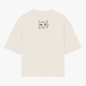 Camiseta com estampa frontal de nove rostos de gatos variados, um deles usando óculos, e estampa traseira de um rosto de gato com expressão séria.