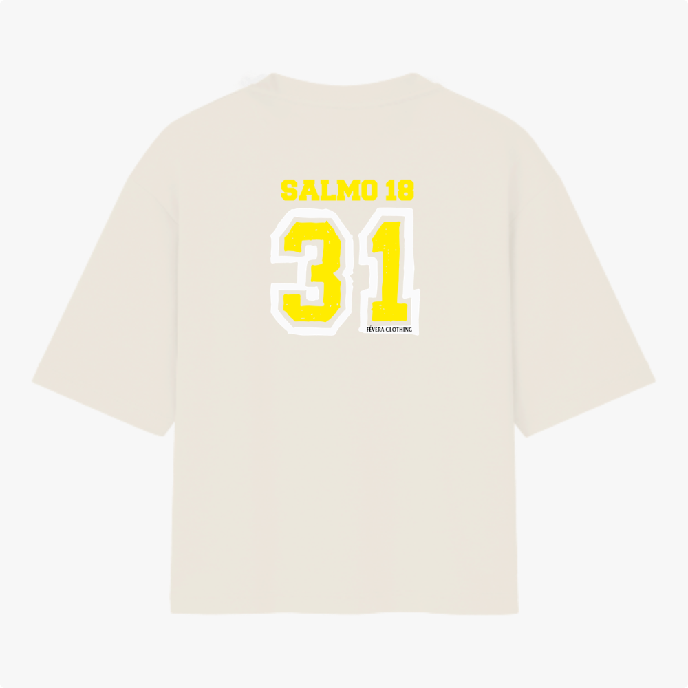 Camiseta com estampa frontal de "SALMO 18" e número "31" em estilo esportivo e estampa traseira idêntica, com lettering e numeração destacados.