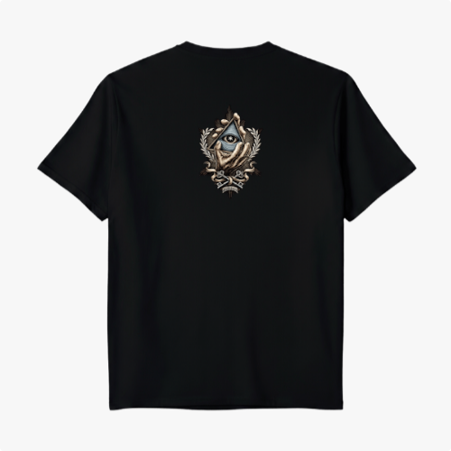 Camiseta com estampa frontal de letras estilizadas com coroa acima e estampa traseira de olho dentro de símbolo triangular com elementos florais ao redor.