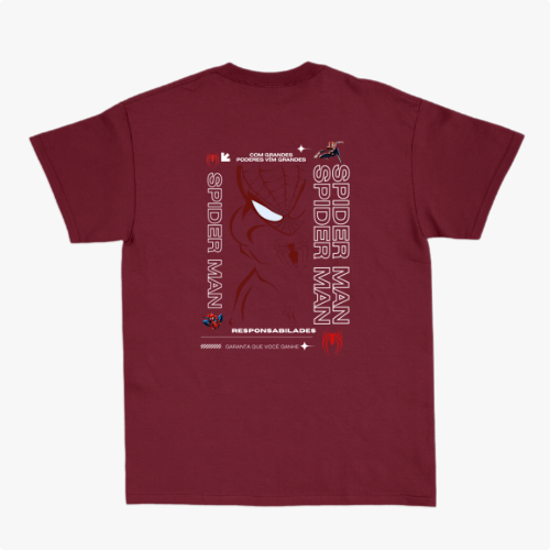 Camiseta com estampa frontal de aranha estilizada de linhas finas e estampa traseira de rosto delineado com texto e referências icônicas.