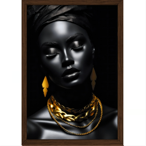 Quadro com estampa de retrato de rosto feminino estilizado em tom escuro, adornado com correntes e brincos dourados, criando um efeito sofisticado.