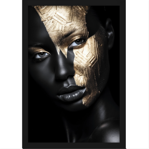 Quadro com estampa frontal de rosto feminino em close com maquiagem artística, trazendo contraste marcante entre detalhes metálicos e sombreados.