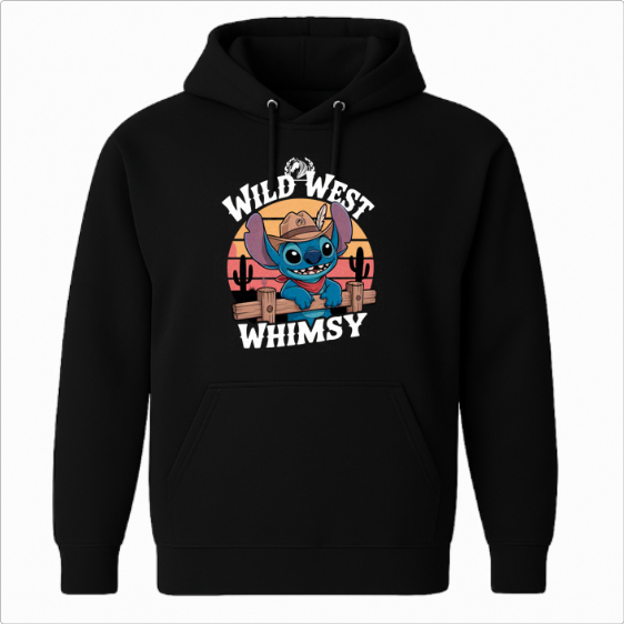 Moletom com estampa frontal de personagem azul com chapéu de cowboy, cercado por cactos e um pôr do sol ao fundo, acompanhado das palavras "Wild West Whimsy".