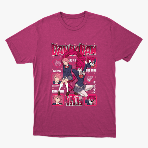 Camiseta com estampa frontal de personagens de anime em poses dinâmicas, cercados por quadrados com retratos menores e textos estilizados japoneses.