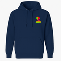 Moletom com estampa frontal de busto em perfil com efeito de distorção colorida e estampa traseira de silhueta sobre fundo multicolorido com linhas horizontais.